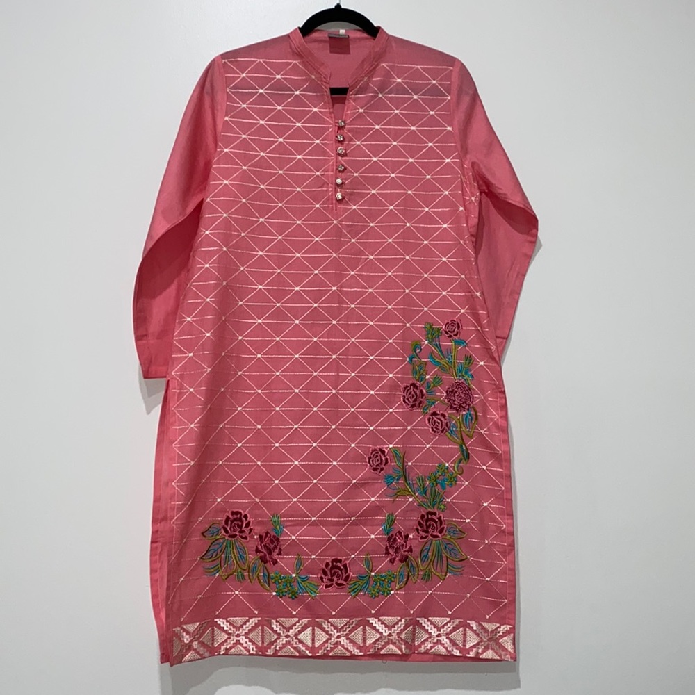 Shumaila Kurti Pret Pink Lawn Cotton Full Embroidered Kurta